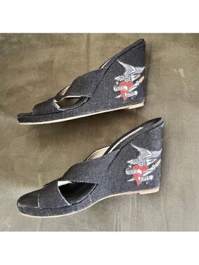 Stubbs & Wootton Black Embroidered Heart Eagle true love Wedge Sandals
